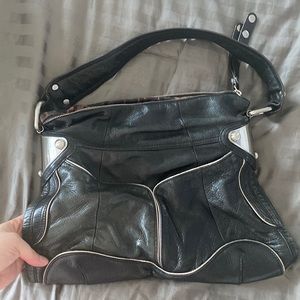 B. Makowsky black leather shoulder bag with silver hardware